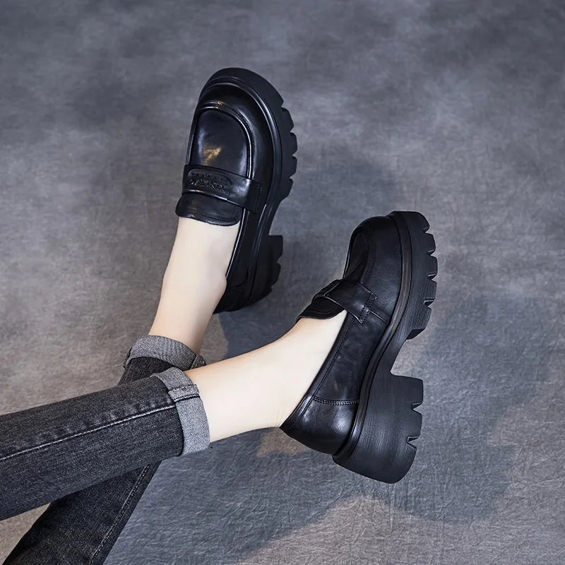 DRKANOL 2025 Spring Women Shoes Thick Heel Slip On Loafers Handmade Retro Chunky Platform Round Toe Pumps Ladies High Heel Shoes