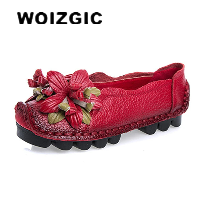 WOIZGIC Women Female Mother Ladies Genuine Leather Shoes Flats Loafers Non Slip On Flowers Retro Moccasins Plus Size 41 42