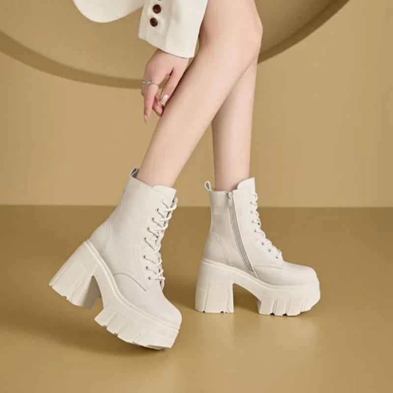 Fujin 11cm New Microfiber Leather Women High Brand ZIP Increase Casual Ankle Boots Pumps Heels White Shoes Platform Wedge Shoes