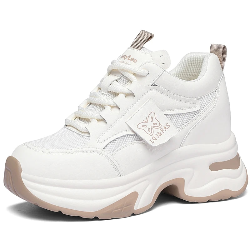 AUTUSPIN 9cm Wedges Platform Casual Shoes for Women Fashion Spring Breathable Mesh Sneakers Leisure Internal Heighten Footwear