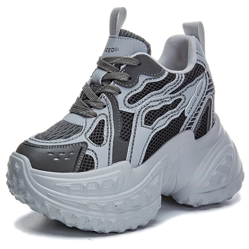 Fujin 12cm Air Mesh Microfiber Genuine Leather Spring Shoes Ankle Booties Women Vulcanize Chunky Sneakers Platform Wedge Autumn