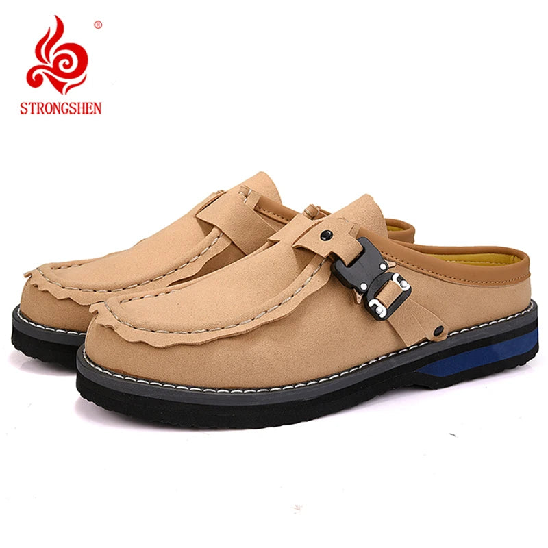 STRONGSHEN Men Clogs Slippers Fashion Brand Cow Suede Clogs Leather Cork Footbed Men Mules Outdoor Antiskid Men Beach Sandals
