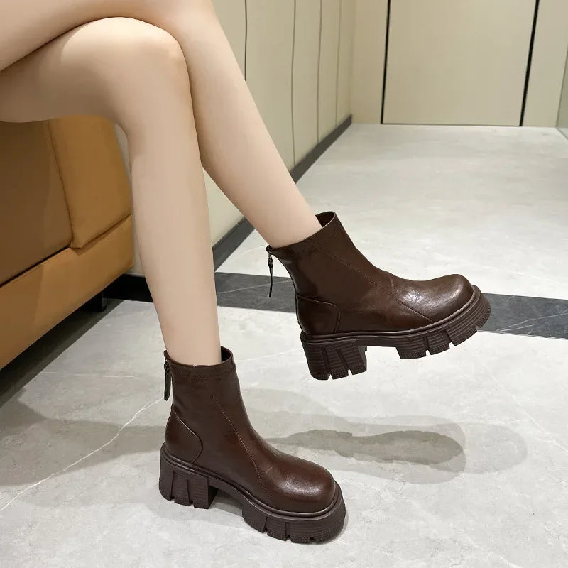Fujin 7cm Genuine Leather Spring Round Toe Shoes Motorcycle Boots Women Ladies Fashion Chimney Autumn Moccasins Ankle Booties