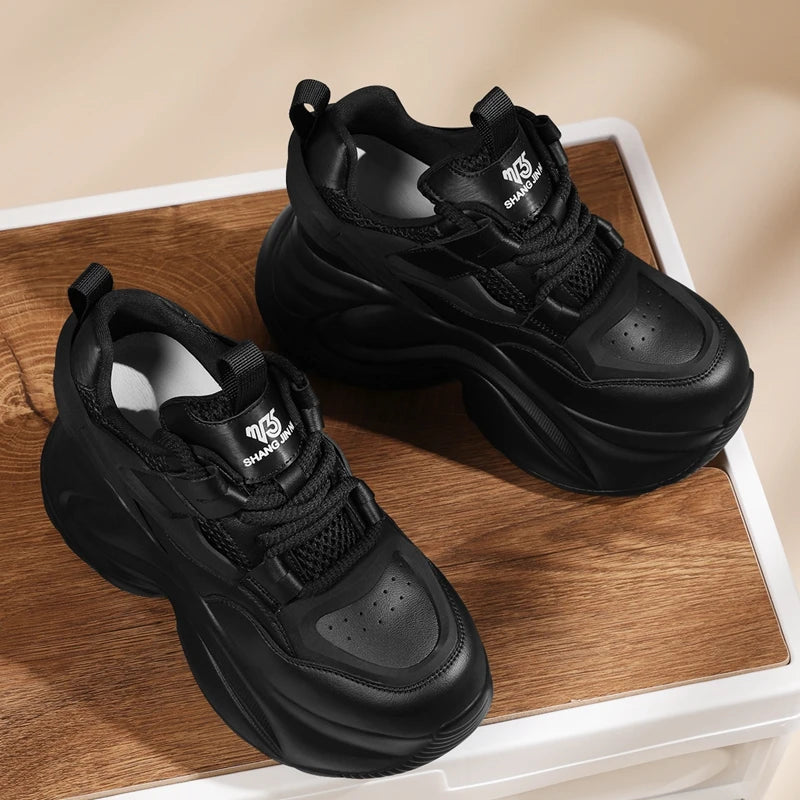 AUTUSPIN 8cm High Platform Shoes for Women 2024 Spring Summer Fashion Microfiber Leather Patchwork Ladies Casual Sneakers Woman