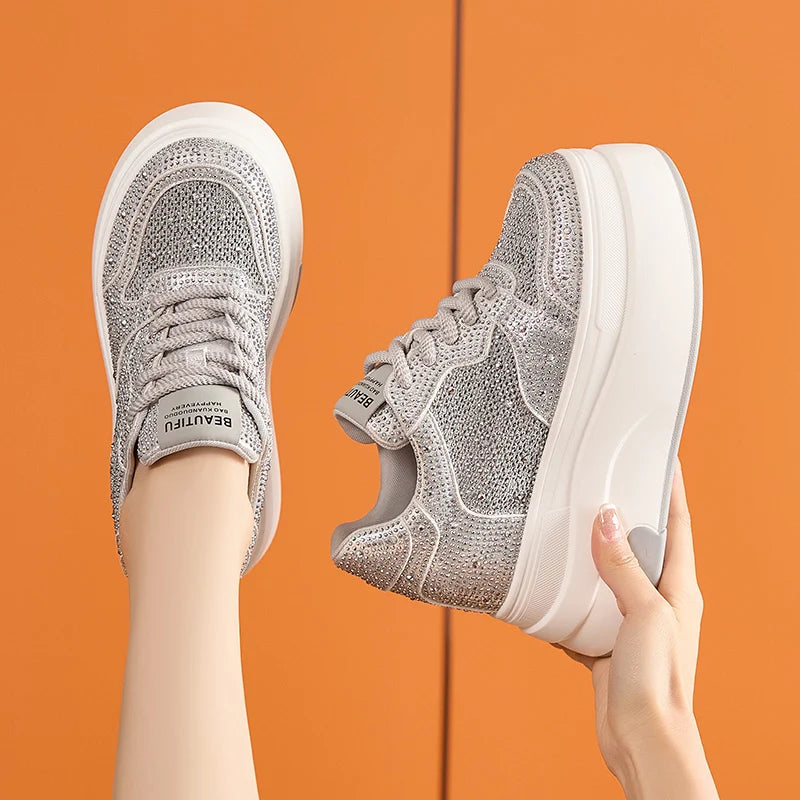 AUTUSPIN 10cm Full Crystal Women Shoes High Internal Increased Height Woman Shoes Fashion Shiny Rhinestones Platform Sneakers
