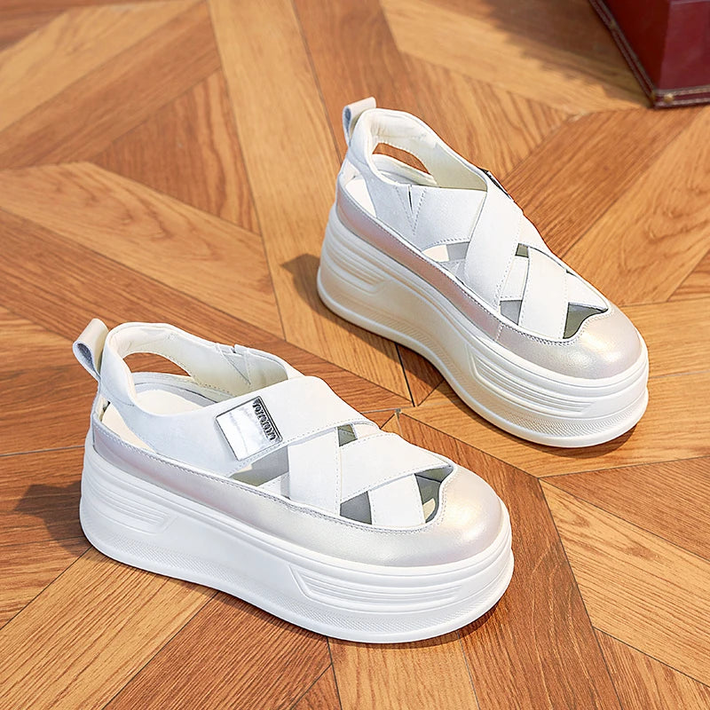 AUTUSPIN Summer Hollow Out Sandals Women's Fashion Leather Shoes Outdoor Woman High Platform Trendy Sandal Female Size 33-40