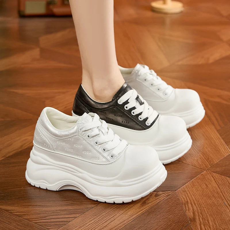 AUTUSPIN 6.5cm Chunky White Shoes for Women Summer Autumn Fashion Lace-up Platform Casual Shoes Female Flats Bottom Sneakers