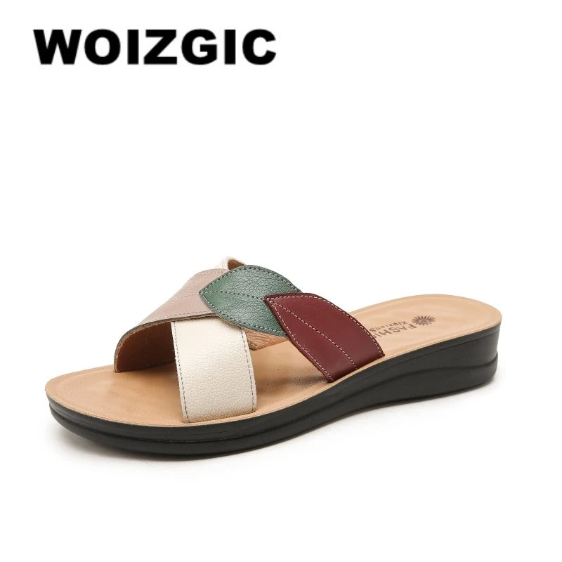 WOIZGIC Women Female Ladies Mother Genuine Leather Shoes Sandals Platform Slipper Summer Cool Beach Soft Slip On Outside