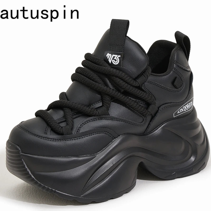 Autuspin Size 33-39 Woman Shoes Autumn Winter Fashion Thick Soled Ladies Stylish Sneakers Genuine Leather Lace-up Women Shoes