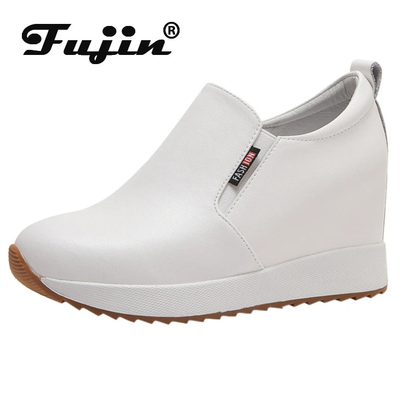 Fujin 7cm Genuine Leather Synthetic Boot Women  Fashion Ankle Platform Wedge Heels Pumps Autumn Spring Sexy Hidden Heels Boots