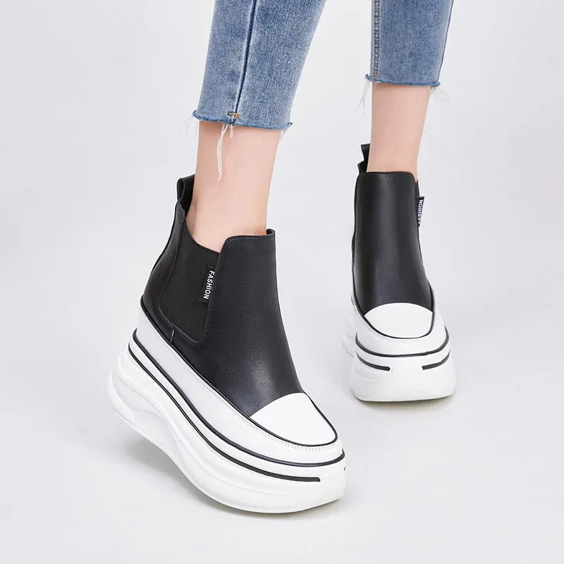 Fujin 10cm ROME Genuine Leather Support Stable Chelsea Booties Women Autumn Ankle Motorcycle Elastic Spring Arch Ladies Shoes