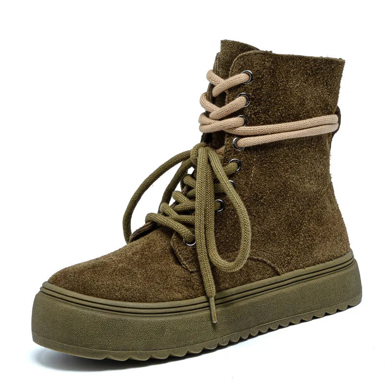 DRKANOL Women Flat Platform Ankle Boots Quality Cow Genuine Leather Round Toe Thick Sole Lace-Up Retro Style Casual Short Boots