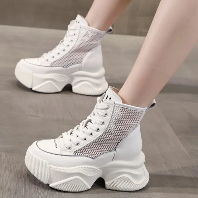 Fujin 8cm Women Breathable Platform Chimney Hollow Fashion Summer Shoes Air Mesh Genuine Leather Synthetic Mid Calf Ankle Boots