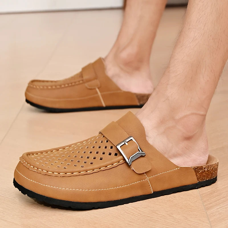STRONGSHEN Men Half Slippers Summer Casual Fashion Mens Genuine Leather Sandals Breathable Slip on Soft Sole Shoes Moccasins