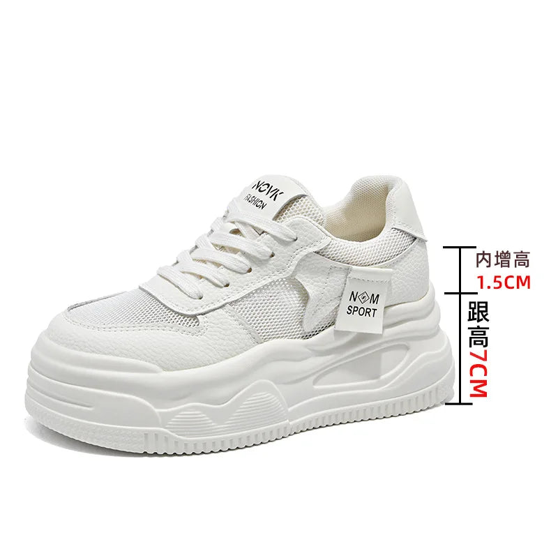 Fujin 8.5cm Genuine Leather Women Vulcanize Chunky Sneakers Women Summer Hidden High Heels Platform Wedge Summer Mesh Shoes