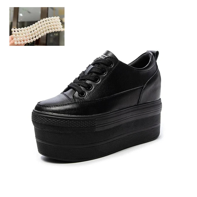 Fujin 12cm Genuine Leather Women Vulcanized Shoes Leather Platform Wedge High Heels White Shoes Lace Up Increase Casual Shoes