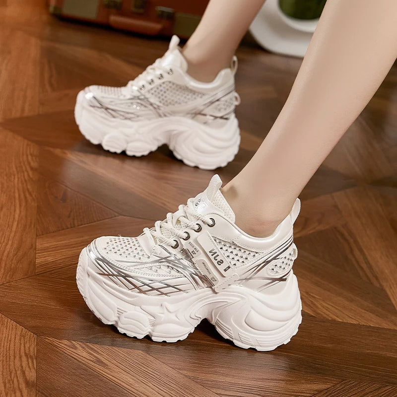 AUTUSPIN 9cm White Chunky Sneakers Women Summer Autumn Bling Rhinestones Shoes for Girls Thick Platform Footwear Size 34-39