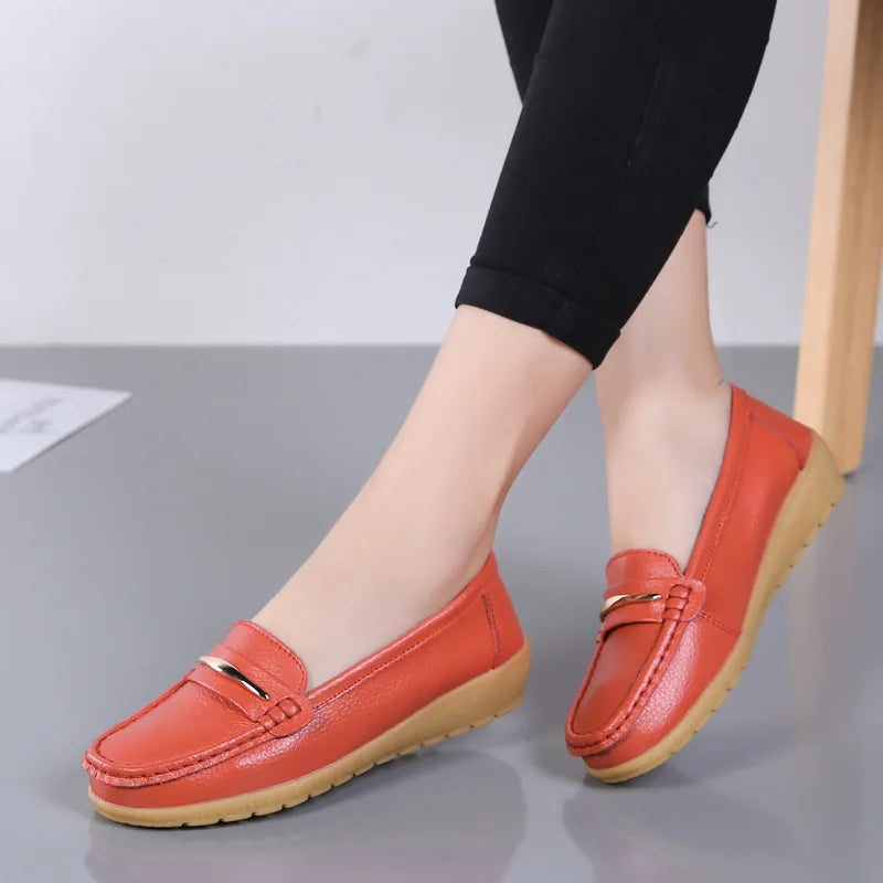 WOIZGIC Women's Mother Ladies Woman Female Genuine Leather Shoes Flats Loafers Platform Bling Slip On Moccasins Plus Size 43 44