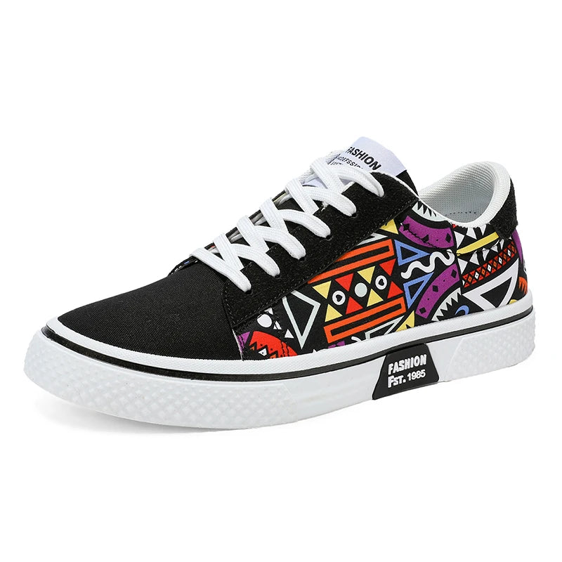 STRONGSHEN Men Casual Shoes Sports Running Shoes Canvas Geometric Style Lace-Up Sneakers Fashionable Graffiti Print Skate Shoes