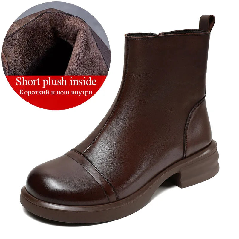 DRKANOL Women Genuine Leather Boots 2025 Autumn Winter Warm Thick Heel Side Zipper Comfort Casual Ankle Chelsea Boots Beige