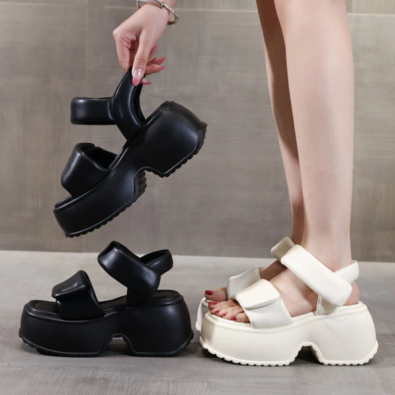 Fujin 8.5cm Platform Wedge Retro British Women Fashion Mules Ins Hot Sell Microfiber Leather Weave Sandals Ladies Shoes Summer