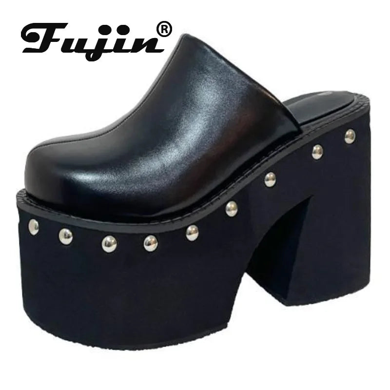 Fujin 11cm PU Leather Women Fashion High Heels Pumps Platform Wedge Summer Round Big Toe Ladies Sandals Big Size Slippers Shoes