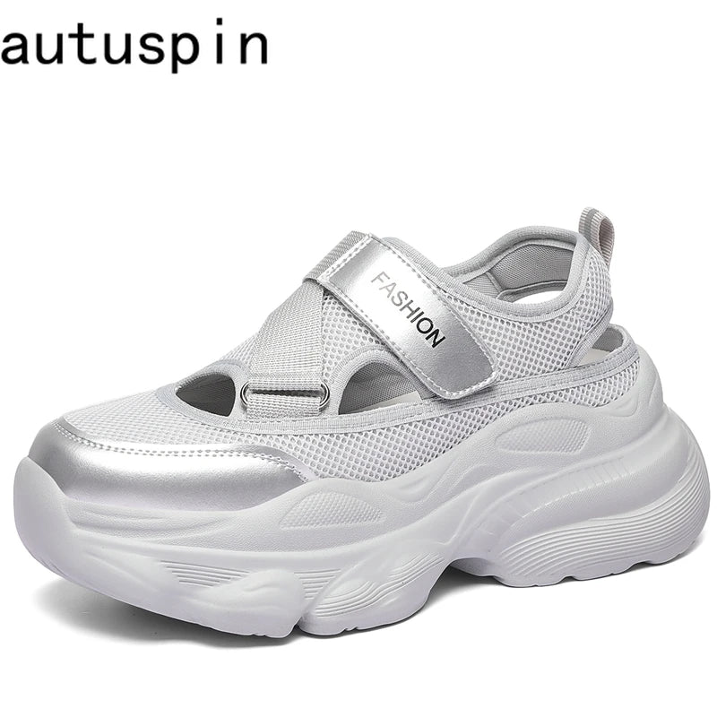 Autuspin 5.5cm Thick Bottom Women's Vulcanize Shoes Summer New Fashion Female Hollow Mesh Breathable Sports Sandals Sneakers