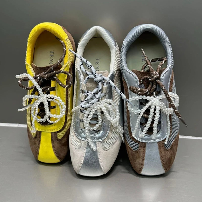 AUTUSPIN Women Mixed Colors Flat Sneakers Outdoor Fashion Retro Suede Leather INS Sneaker Ladies Splicing Mesh Training Shoes