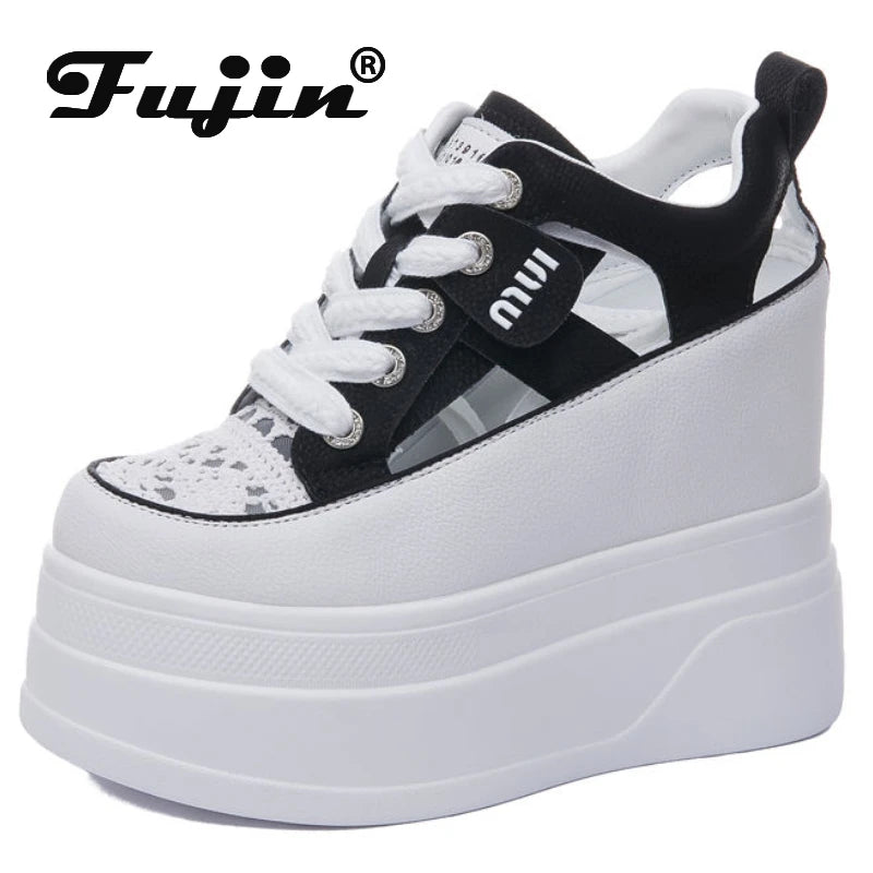 Fujin 12cm Air Mesh Genuine Leather Boots Hollow Women Slippers Summer Platform Wedge Flats Breathable Sandals High Heels Shoes