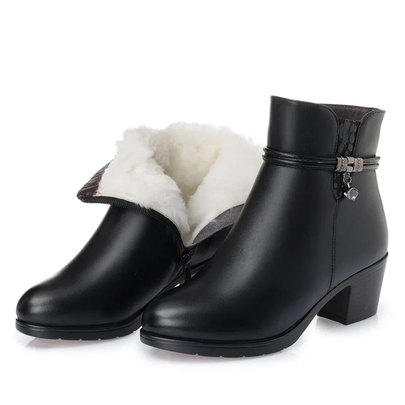 WOIZGIC Women's Ladies Mother Famale Winter Ankle Genuine Leather Fur Warm Wool Plush Shoes Boots Zipper Mid Heel Plus Size 43