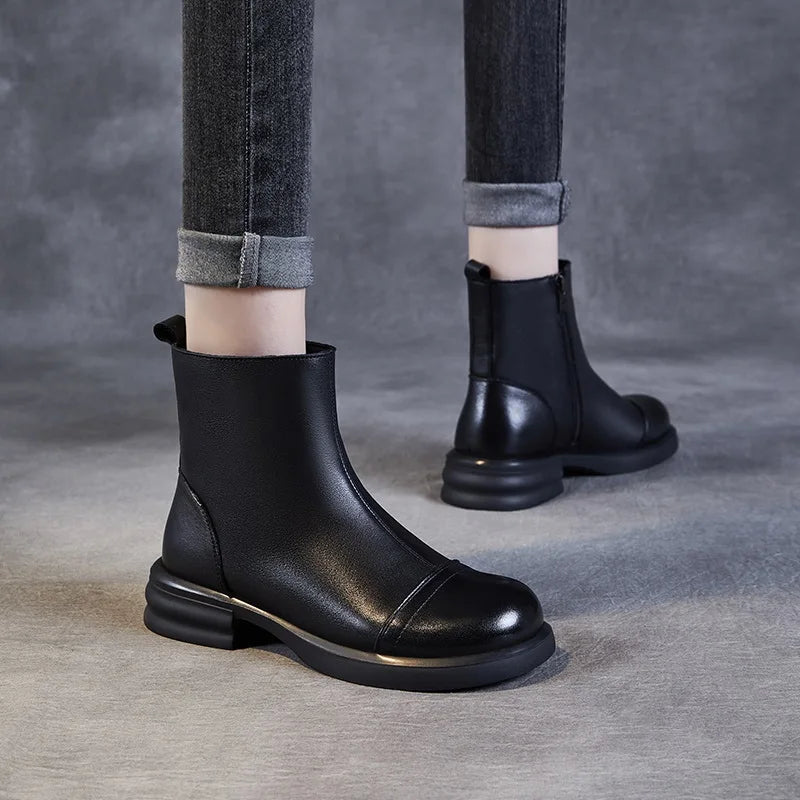DRKANOL Women Genuine Leather Boots 2025 Autumn Winter Warm Thick Heel Side Zipper Comfort Casual Ankle Chelsea Boots Beige