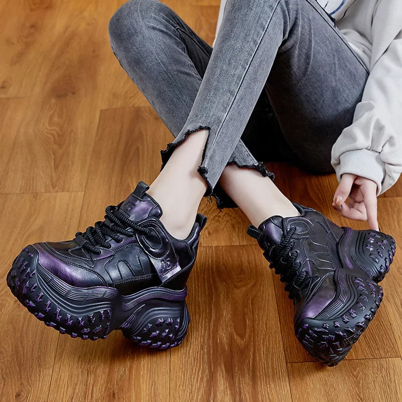 Fujin 12cm Microfiber Genuine Leather Chunky Sneakers Platform Wedge Spring Shoes Ankle Booties Women Vulcanize Fashion Autumn