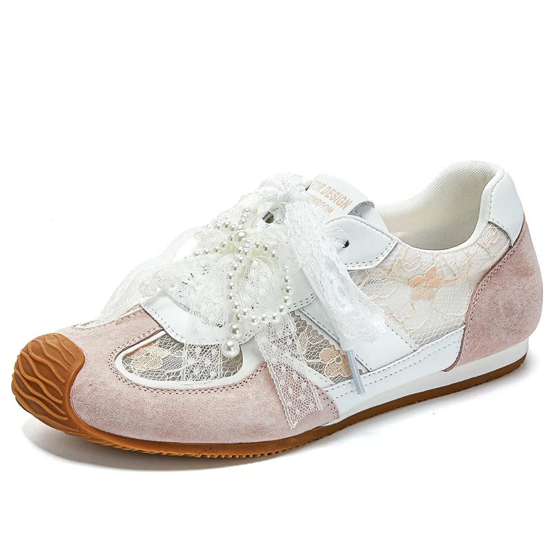 AUTUSPIN Sweet Women Shoes for Summer Lace Genuine Leather Female Sneakers String Beads Flat Platform Ladies Casual Sneaker