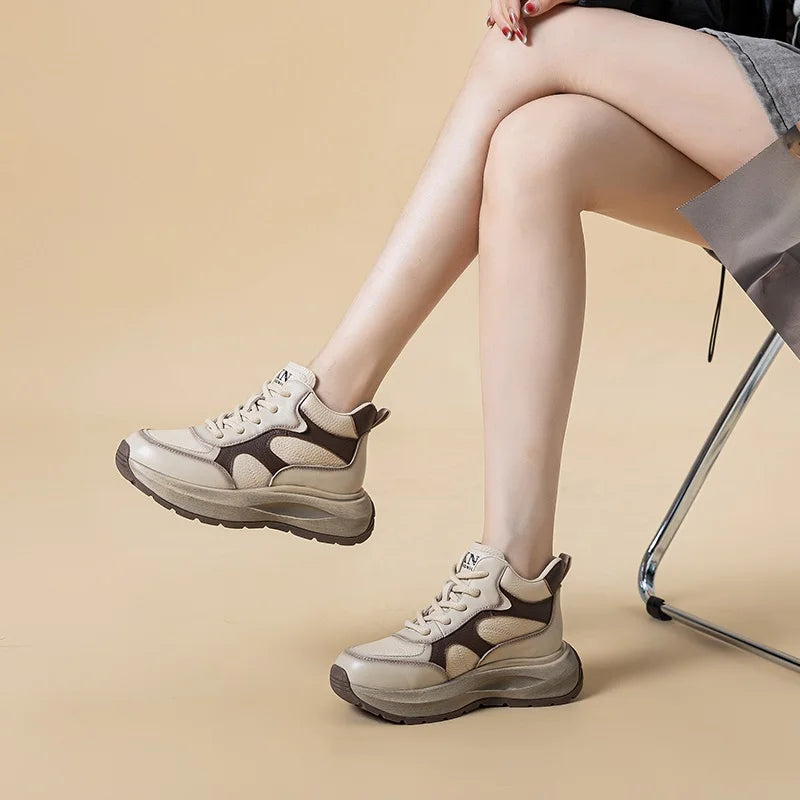 DRKANOL Women Thick Sole Platform Casual Sneakers Mixed Colors High Top Genuine Leather Wedges Heel Shoes Ladies Ankle Boots