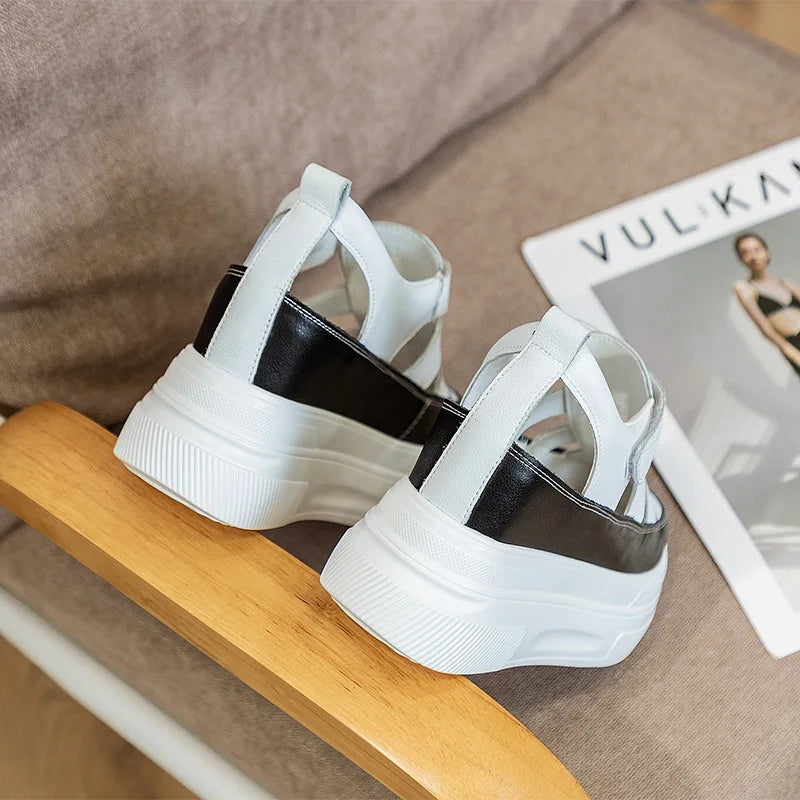 Fujin 7cm Full Cow Genuine Leather Women Summer Shoes Platform Sandals Wedge Heel Slides Slippers Beach Shoes Hook Loop 2024