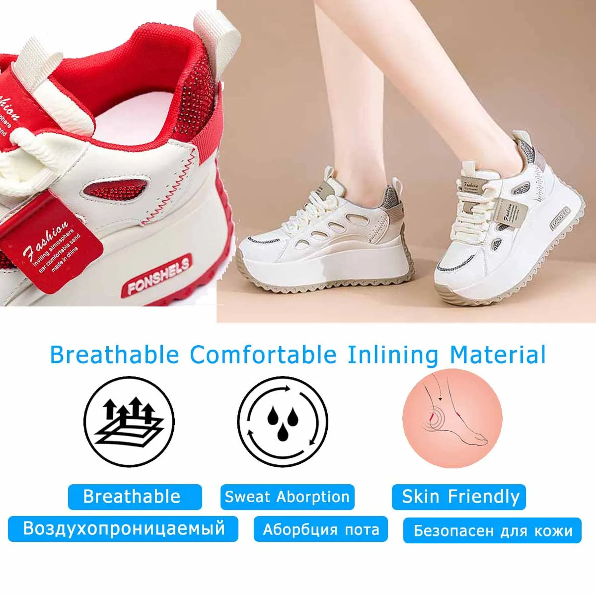 Fujin 3 inch 7cm Genuine Leather Comfy Breathable Hidden Heel Flats Skate Board Platform Wedge Sneakers Vulcanized Chunky Shoes