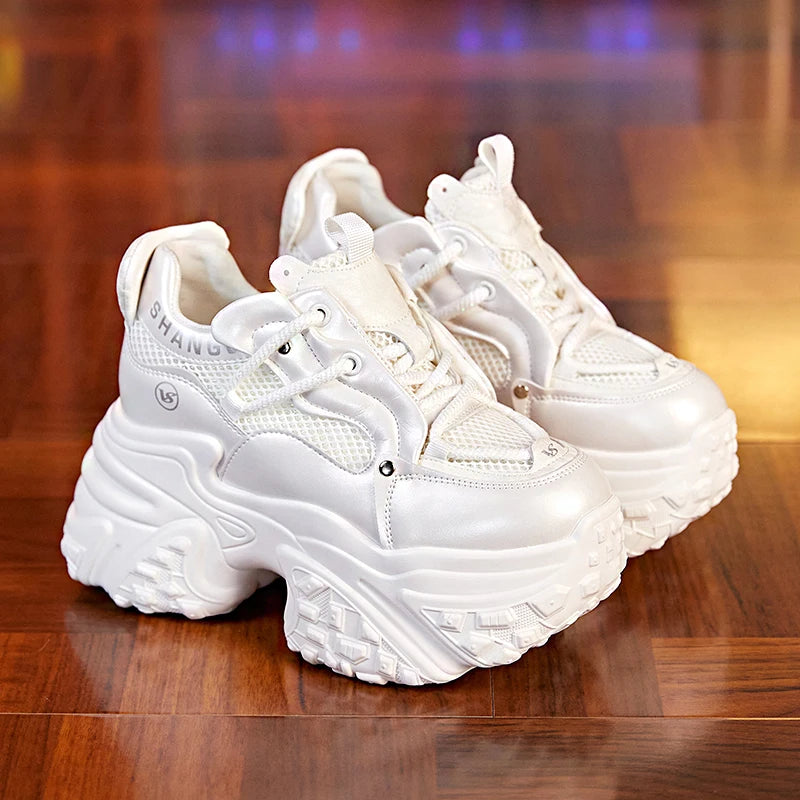 AUTUSPIN 9cm Hidden Heels Women Sneakers Newest Winter Autumn Genuine Leather Sports Walking Shoes Female Breathable Shoes Comfy