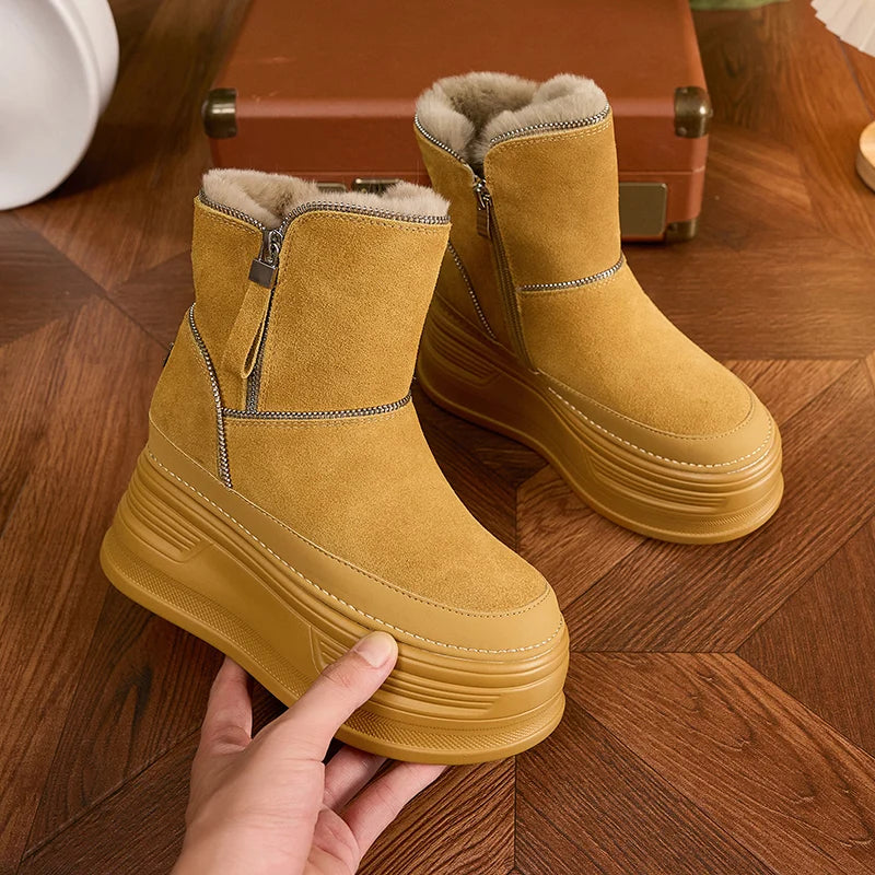 AUTUSPIN 7cm Platform Thick Bottom Snow Boots Women Winter Warm Plush Ladies Ankle Boot Suede Genuine Leather Female Shoes Woman