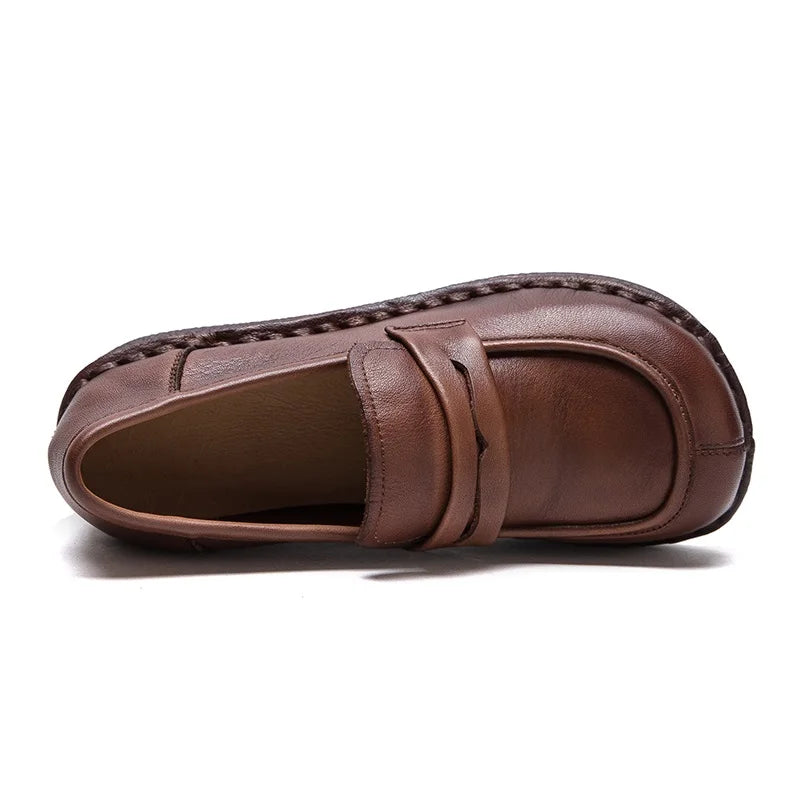 DRKANOL Women Slip On Loafers Height Increasing Wedges Heel Shoes Handmade Retro Genuine Leather Outside Casual Shoes Footwear