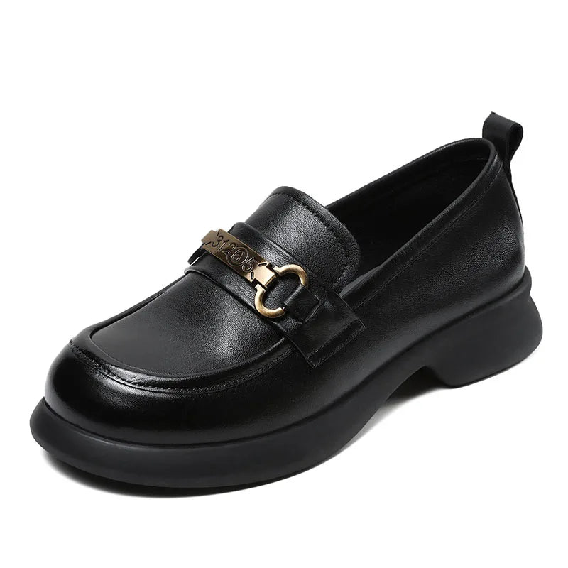 DRKANOL Women Slip On Loafers 2025 Spring Shallow Genuine Cow Leather Trend Metal Mid Thick Heel Casual Single Shoes Black Beige