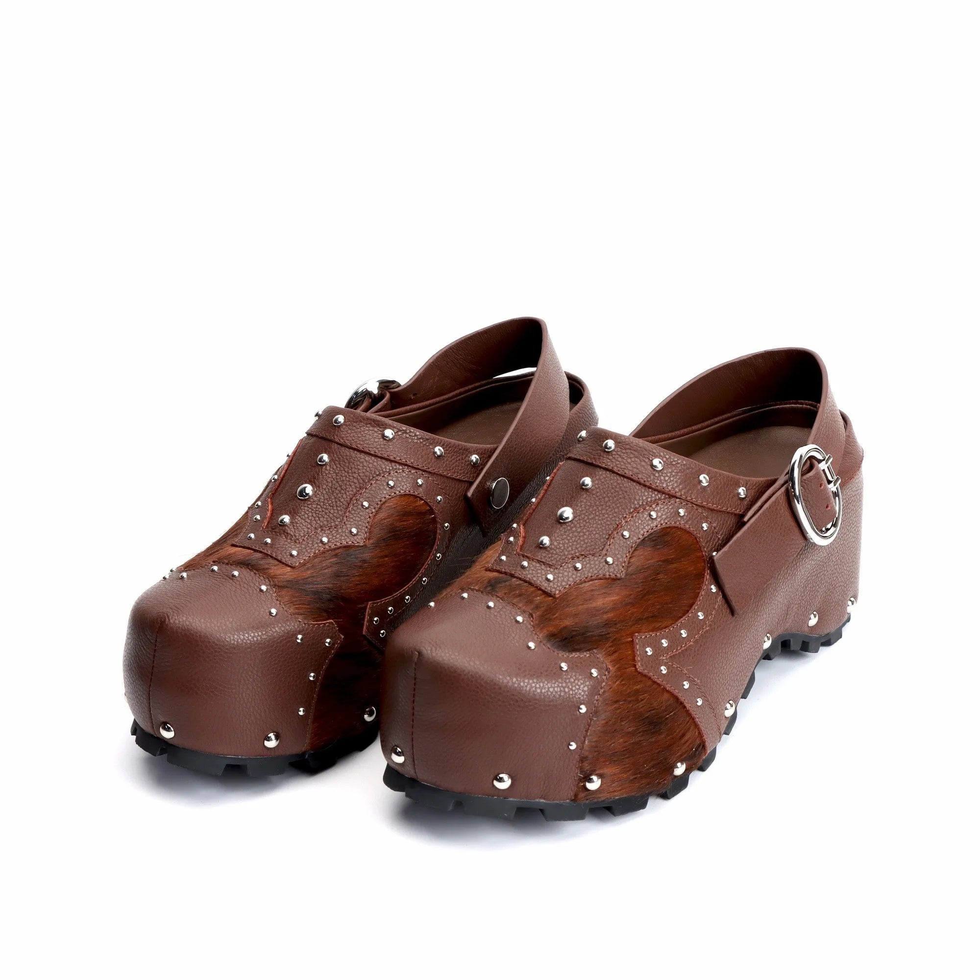 Luxury Studded Platform Clogs Sandals Cowhide Calf Hair Upper Leather Lined with Arch Support Slip-On Wide Fit Anti-Slip Outsole