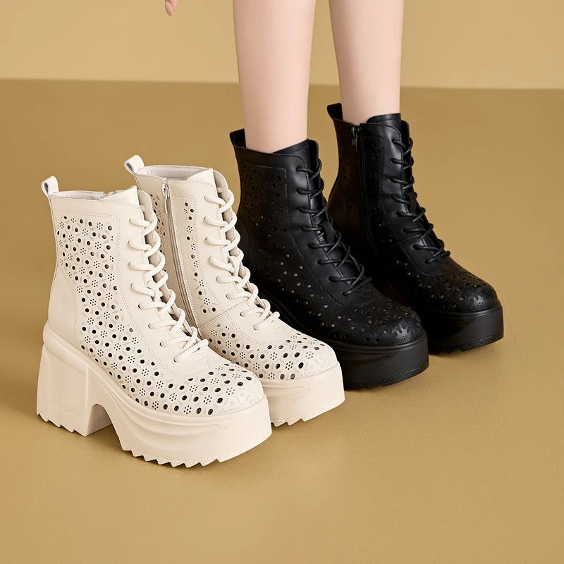 Autuspin 10cm Platform Knight Short Boots Women Summer Hollow Genuine Leather Fashion Lace-up Shoes Breathable Ladies Ankle Boot