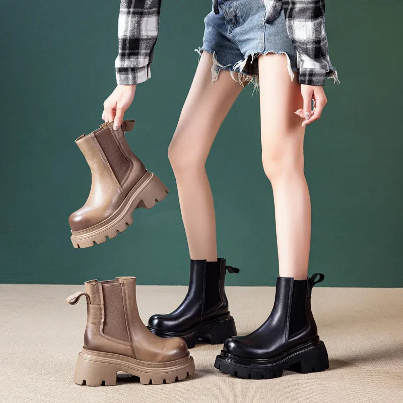 Fujin 8cm New ROME Genuine Leather Ankle Motorcycle Chelsea Booties Women Autumn Ladies Elastic Spring Arch Support Stable Shoes