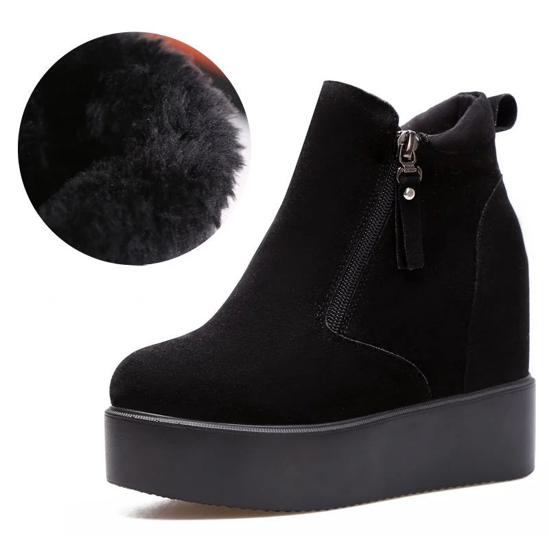 Fujin 11cm Platform Wedge Hidden Heel Women Ankle Boots Flock Leather Warm Female Wedge Shoes Zipper Winter Shoes Sneakers 2024