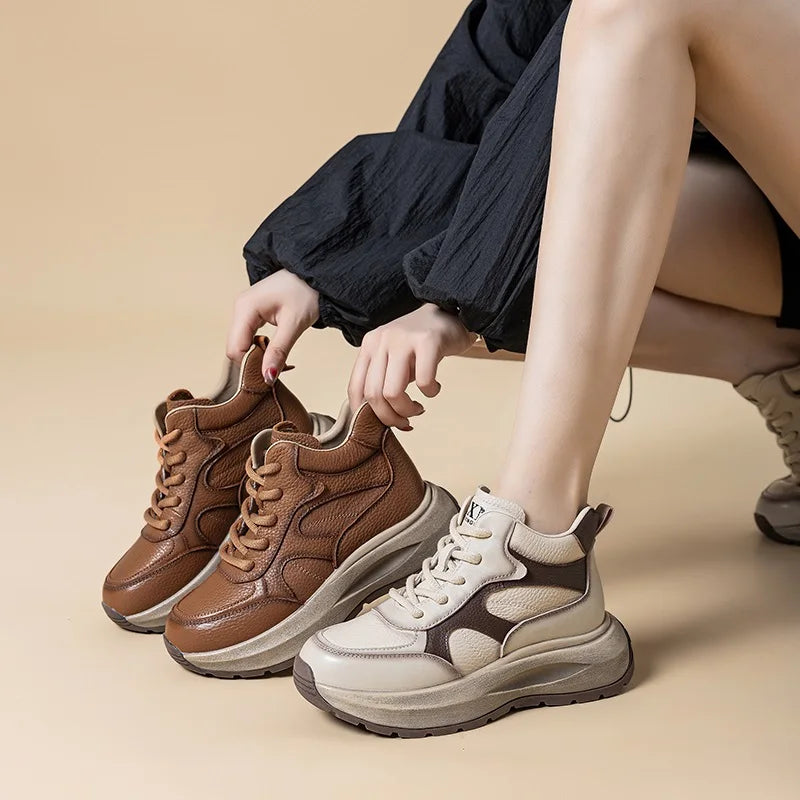 DRKANOL Women Thick Sole Platform Casual Sneakers Mixed Colors High Top Genuine Leather Wedges Heel Shoes Ladies Ankle Boots