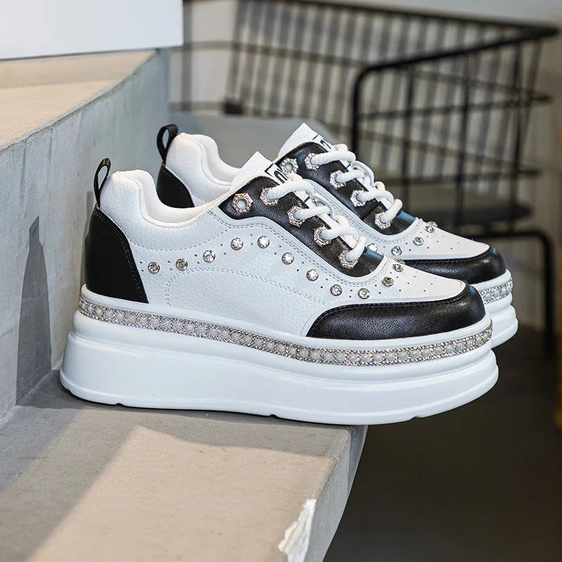 Fujin 7cm Genuine Leather Women Casual Bling Chunky Sneakers Platform Wedge Vulcanized Autumn Spring Hidden Heels Ladies Shoes