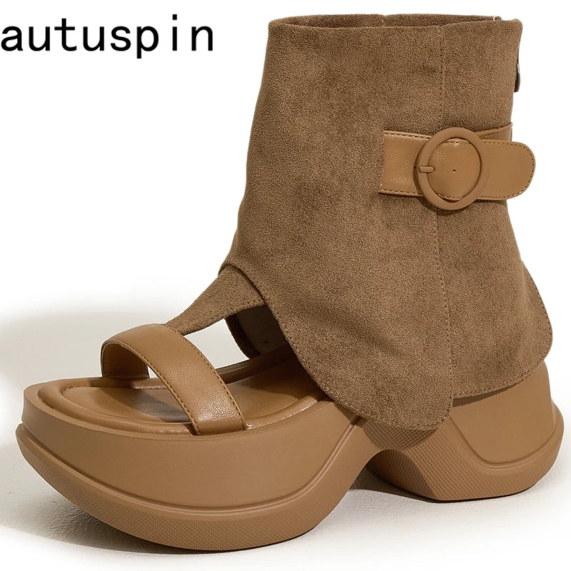 Autuspin Summer Peep Toe Shoes Women Fashion Hollow Out Sandals Boots Female Microfiber Leather Ladies Ankle Booties Streetwear