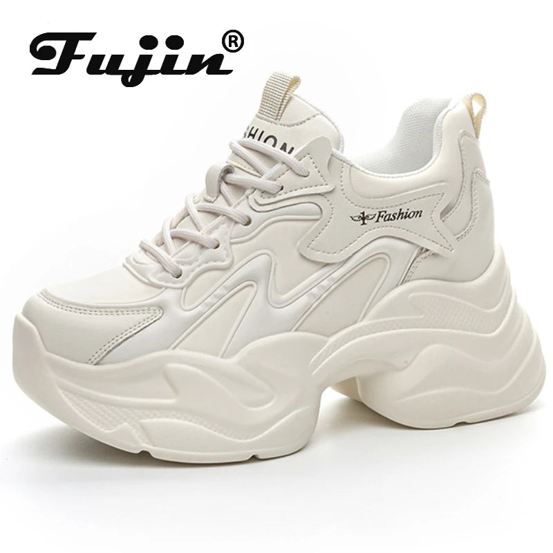 Fujin 9cm Genuine Leather Women Casual Shoes White Platform Wedge Hidden Heel Shoes White Chunky Sneakers Vulcanize Skateboard