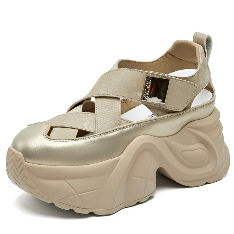 Autuspin 8cm Women Chunky Platform Sandals Summer Hollow New Synthetic Leather Ladies Shoes Wedges Platforms Female High Heels