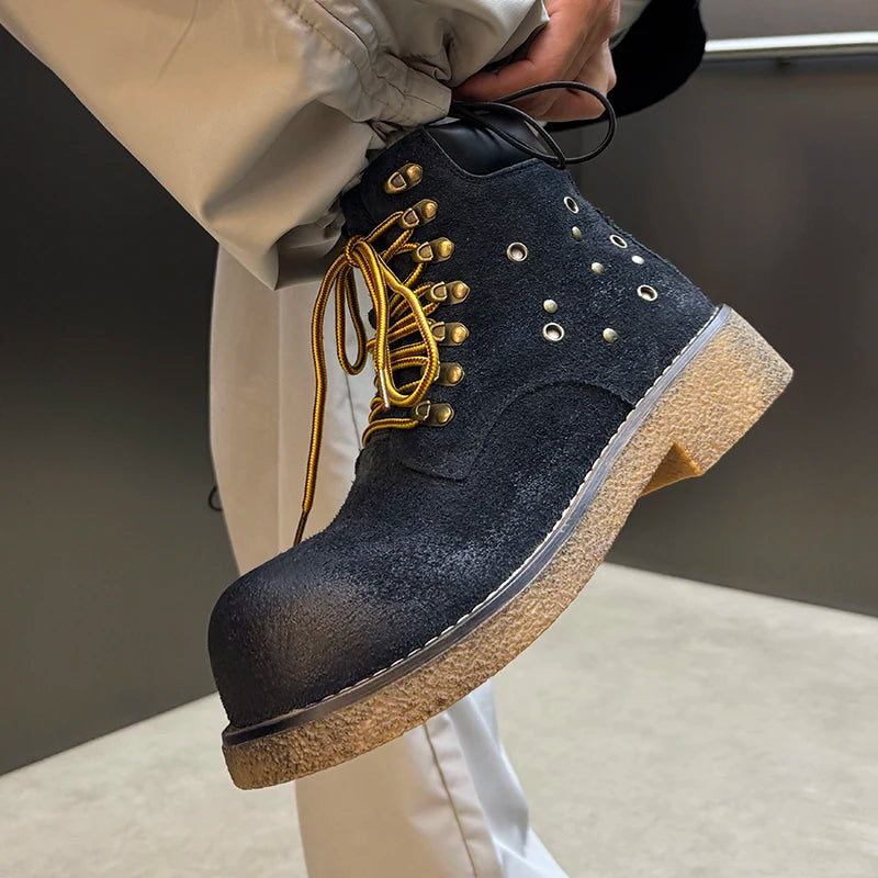 STRONGSHEN Handmade Men Motorcycle Boots Chunky Ankle Boots Leather Men Boots Retro Round Toe Autumn Winter Punk Street Style